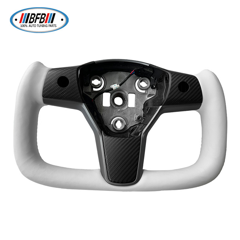 100% Real Carbon Fiber Yoke Steering Wheel - For Tesla Model Y 3 - White Alcantara Leather, Matte Carbon Fiber