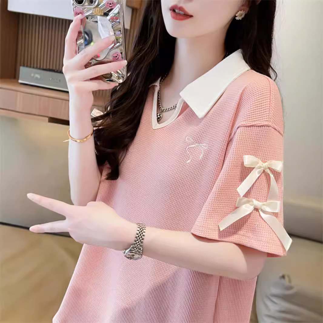 2-300 kg extra grande waffle polo cuello de polo camiseta de manga corta verano femenino nuevo estilo suelto y delgado pajarita top