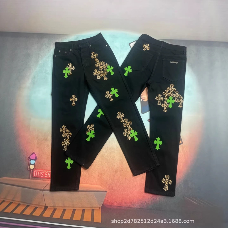 Correct Version 25Fw New Ch Chrome Hearts Patchwork Leather Leopard Print High Street Workwear Jeans Celebrity Style Versatile