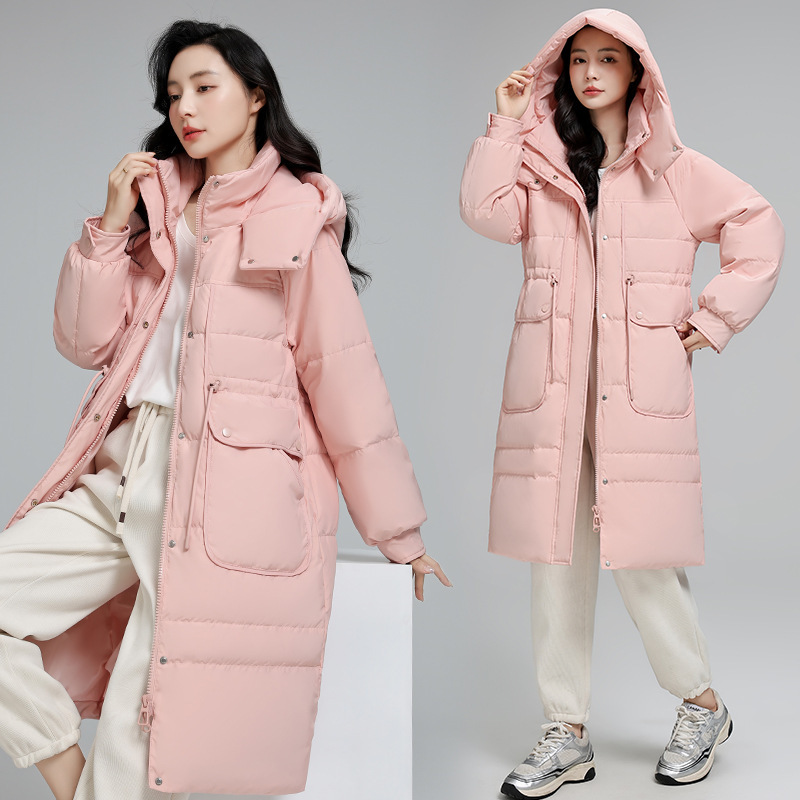 2025 New Slim-Fit down Jacket for Women, Mid-Length, Thickened, Hooded, Six Colors, Large Pockets, Waist-Cinching, Fashionable, Cold-Proof