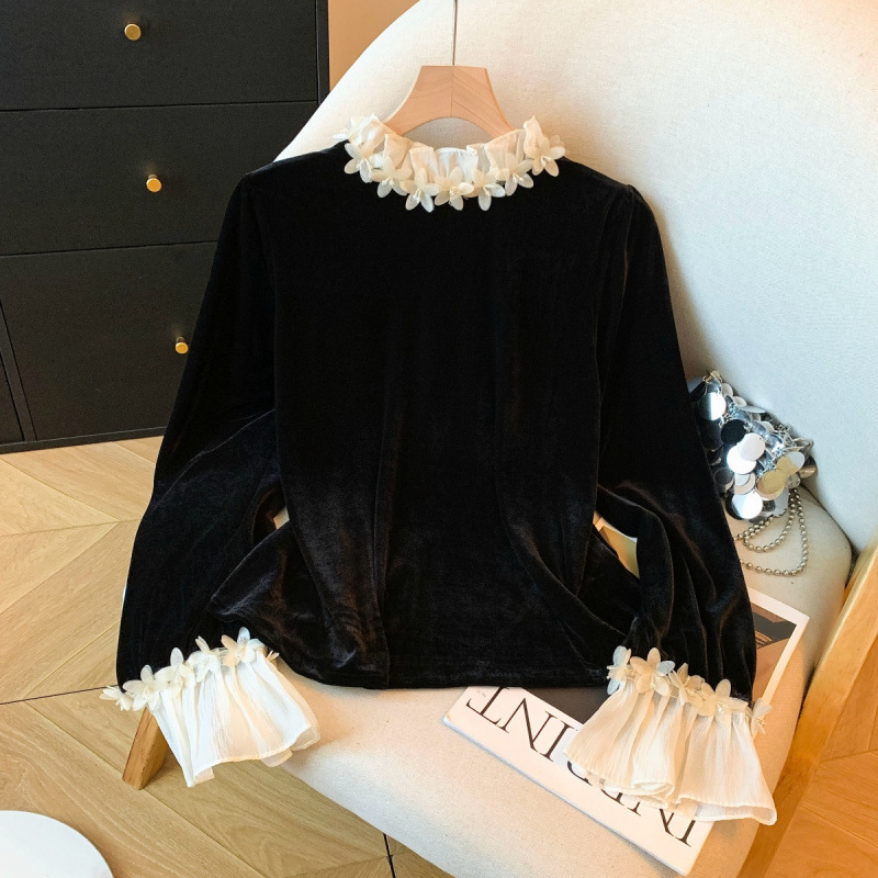 Fashionable Three-Dimensional Floral Color-Blocked Lace Round-Neck Long-Sleeve Loose Slimming Velvet Top Inner Shirt for Women in Spring