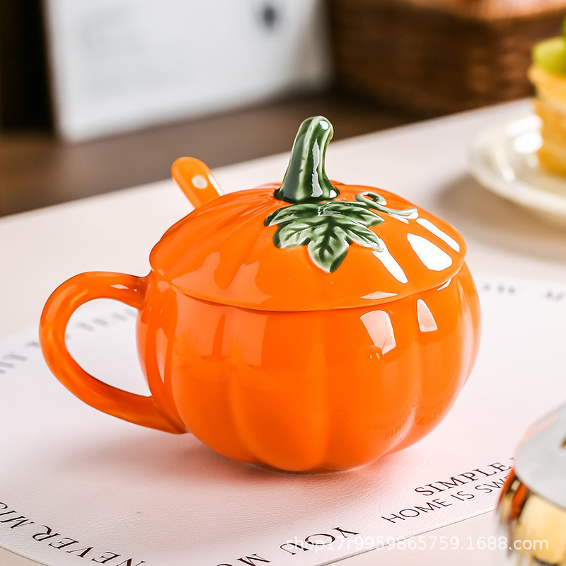 南瓜杯可爱杯子创意水杯陶瓷燕麦早餐杯高颜值马克杯带盖带勺碗杯|undefined