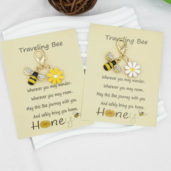 Cross-Border Hot-Selling Cute Bee with Diamonds, Small Fresh Keychain, English Thank You Card, Jewelry Bag, Metal Pendant Buckle