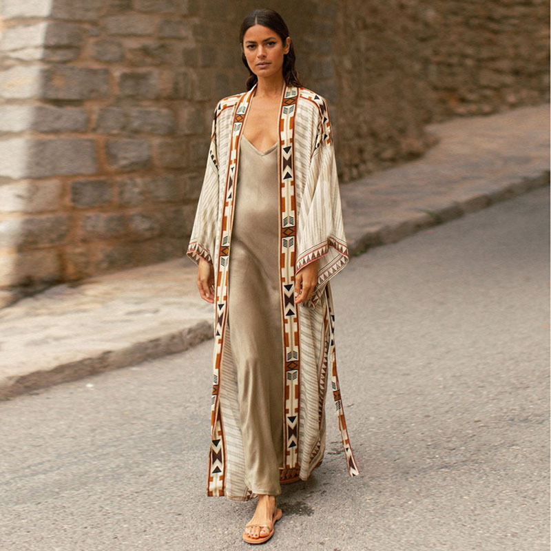 European And American Style Cotton Cardigan Sexy Printed Belt Beach Cover up Wholesale Vacation Dress Bikini Cover_ecoleips.com