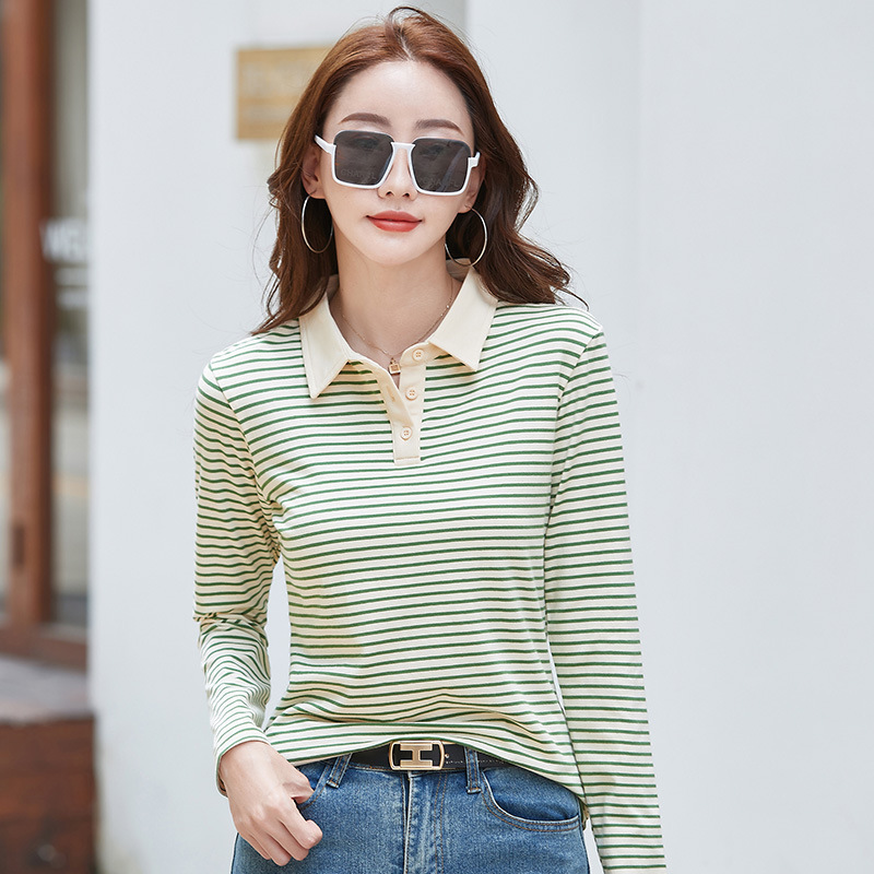 416 Spring and Autumn New Long Sleeve Striped POLO collar bottoming shirt Women's Japanese and Korean casual all-matching top T-shirt slimming