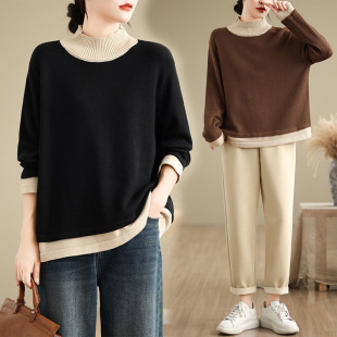 Autumn 2024 new mid-high collar Korean pullover plus size women's wool sweater long sleeve base contrast sweater