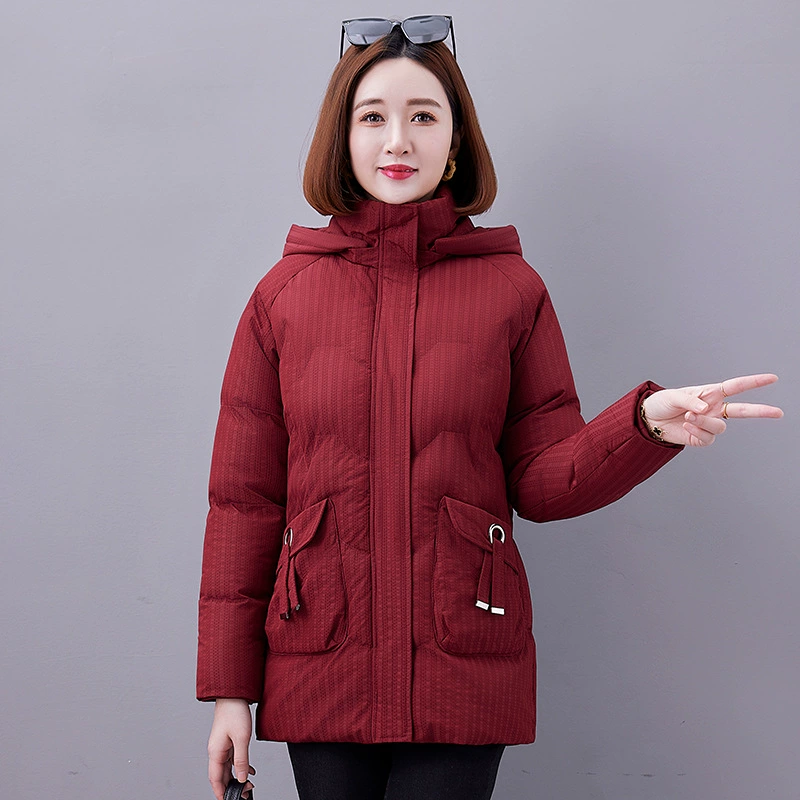 Long removable demi-season keep warm hoody with down for mother, mid-length, for middle age