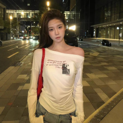 美式辣妹斜肩长袖t恤女早秋季白色露肩内搭打底衫修身显瘦上衣ins