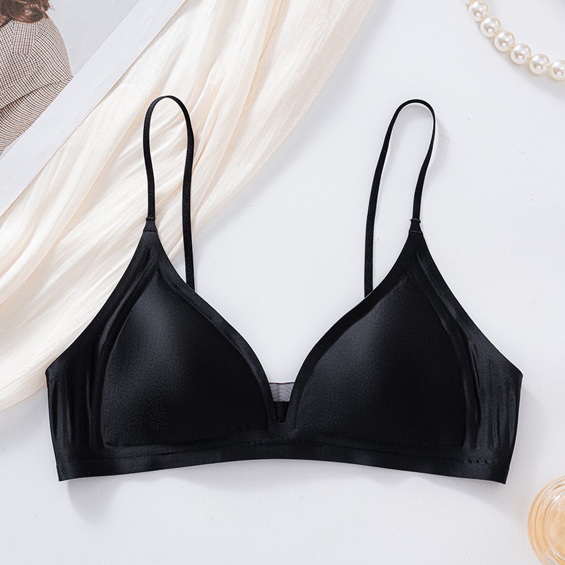 Leche francesa satén taza triangular sin marca ropa interior damas V profunda sexy sin anillo de acero sujetador se reúne taza de soporte superior