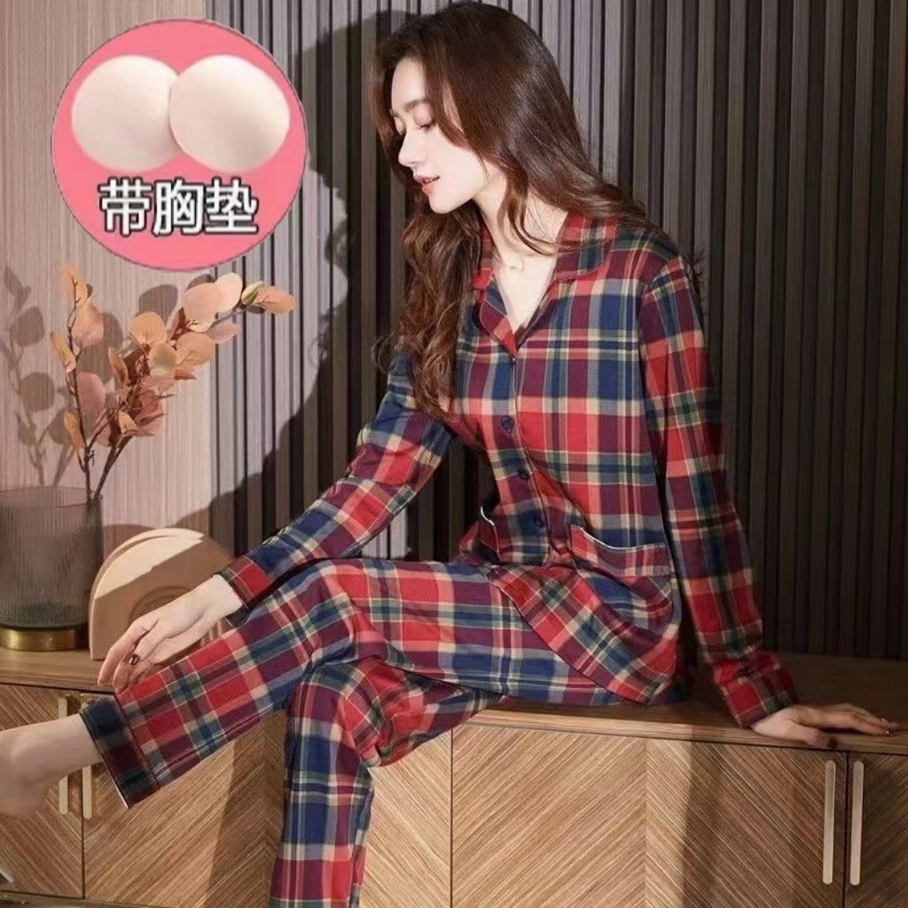 Primavera y otoño pijamas pantalones de algodón primavera y otoño mangas largas largas sueltas de tamaño grande se puede usar para el hogar conjunto de cojín de pecho