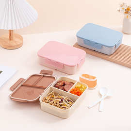 塑料分格午餐盒翻盖学生饭盒上班族可微波加热便当盒带餐具跨境