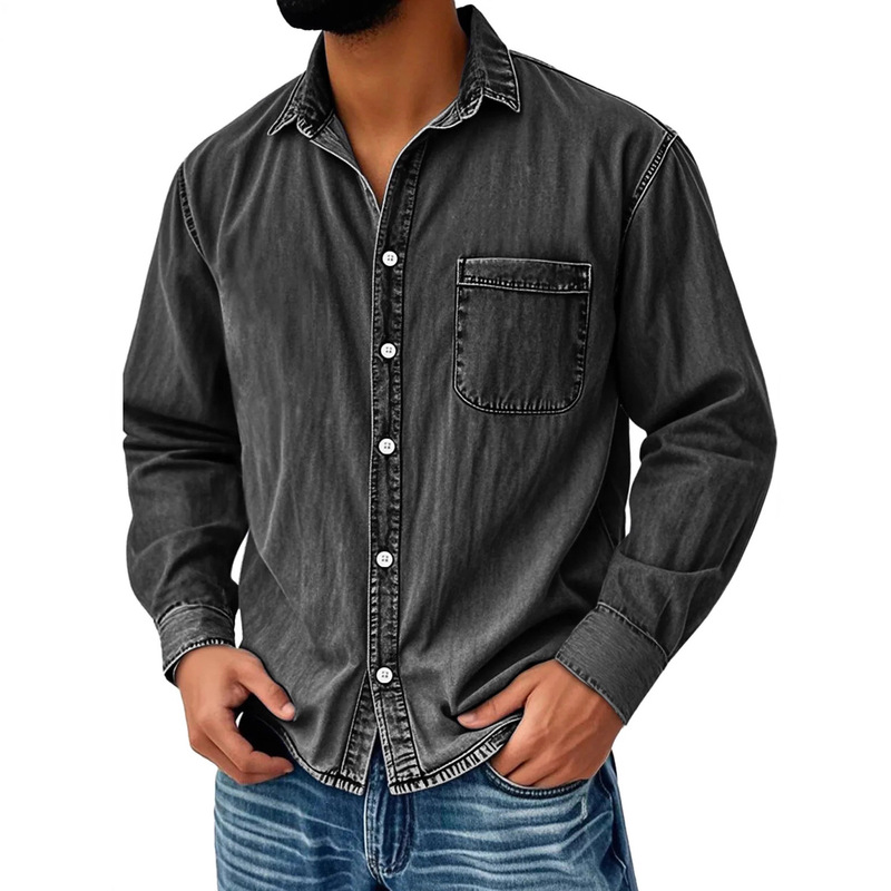 2025 European and American Amazon Cross-Border Independent Station Men's Autumn and Winter Retro Distressed Lapel Pocket Casual Long-Sleeved Shirt 2025 European and American Amazon Cross-Border Independent Station Men's Autumn and Winter Retro Distressed Lapel Pocket Casual Long-Sleeved Shirt
