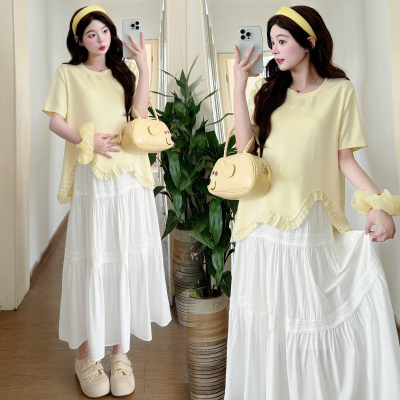 Spot 2025 New Short-Sleeved Breathable Cotton Edge Splicing Maternity Top + Lace Splicing Skirt Maternity Suit