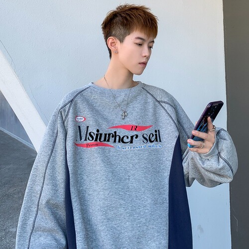 Autumn American niche couple top oversize loose retro print contrast color round collar sweater women's trend