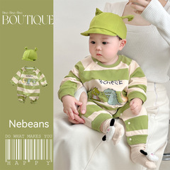 Three Little Dinosaurs Trendy Boys and Girls Onesie Outwear Color-Woven Striped Cotton Cartoon Pajama Suit