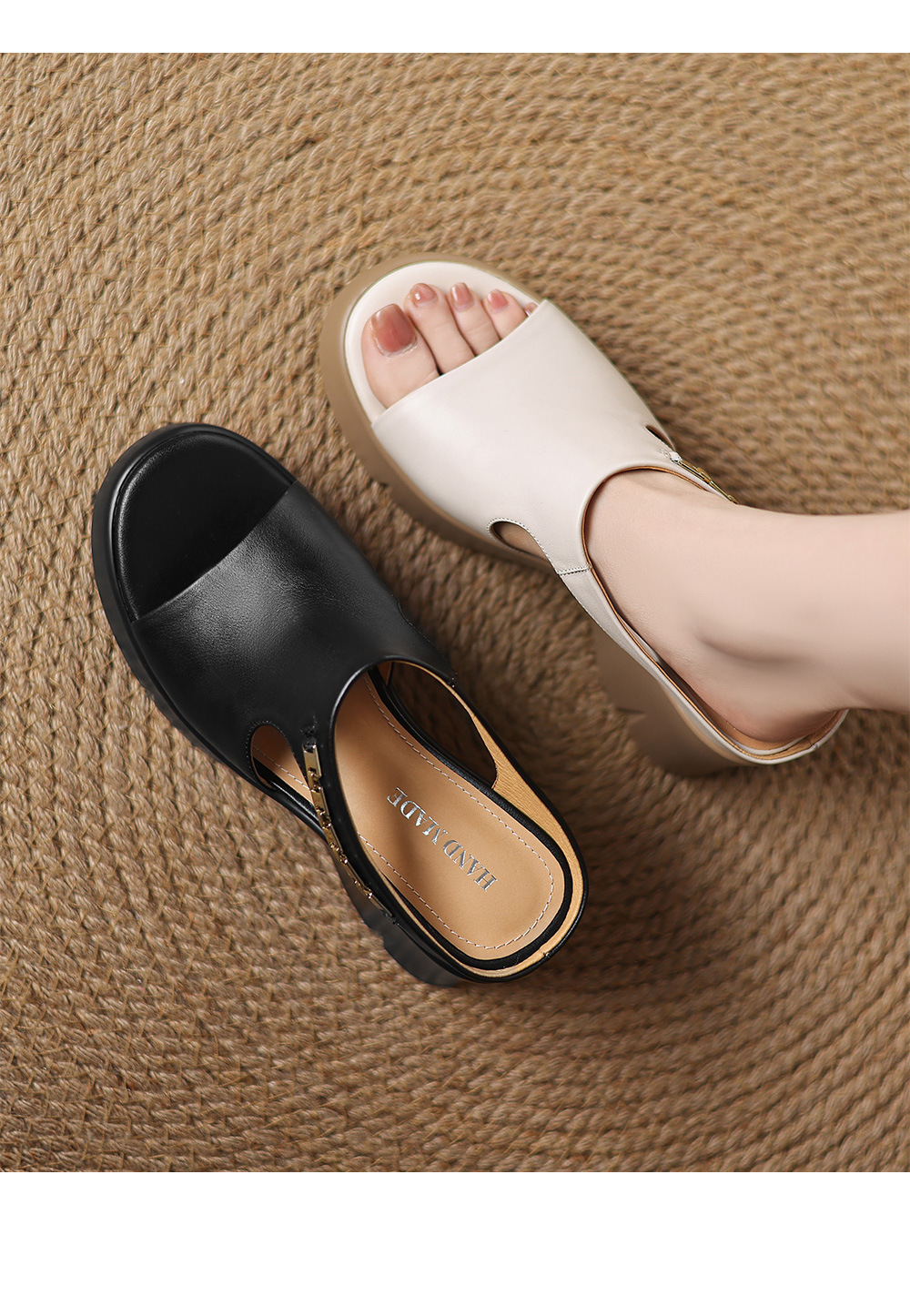 Dép sandal quai ngang nữ đế xuồng da bò mũi vuông hở mũi gót dày — đen chi tiết 1