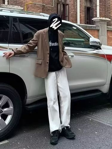 Mid-rise white straight-leg loose denim jeans for youth with low-waist retro Korean style, high-waisted slimming and versatile wide-leg pants for men