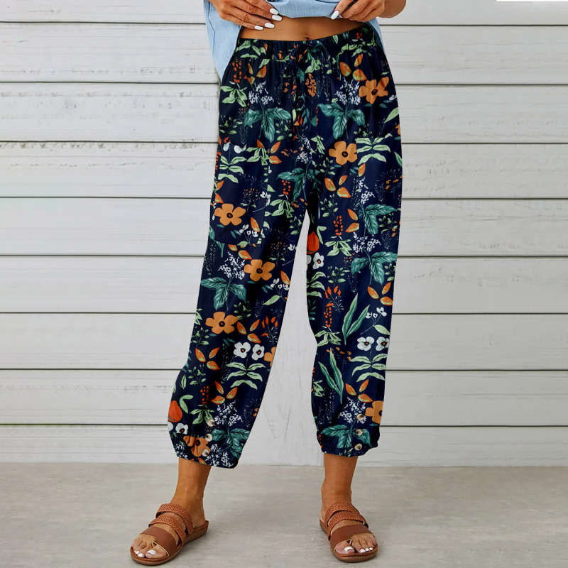2026 New European and American Style Cotton and Linen Women's Pants, High-Waisted Drawstring Cropped Pants, Elastic Waistband, Cuffed Hem, Vintage Print Pants 2026 New European and American Style Cotton and Linen Women's Pants, High-Waisted Drawstring Cropped Pants, Elastic Waistband, Cuffed Hem, Vintage Print Pants