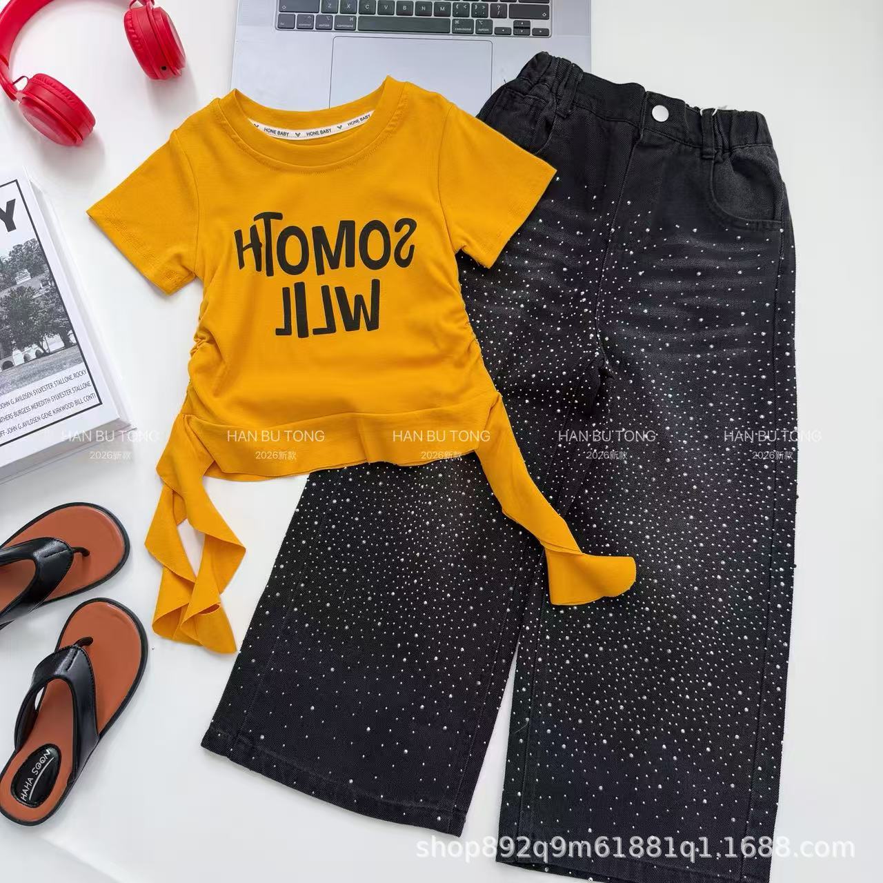 Girls' Summer T-Shirt Set 2026 New Korean Style Fashionable Two-Piece Set for Older Girls with Short-Sleeved T-Shirt and Jeans