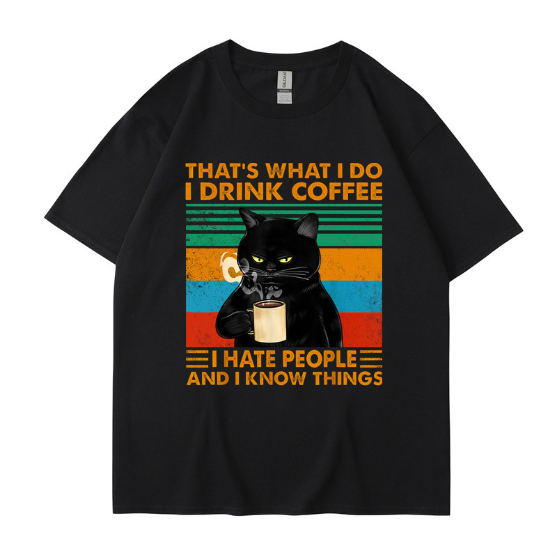 Cross-border independent station new cartoon cute Harajuku style fun black cat coffee printed short sleeve men's T-shirt top Cross-border independent station new cartoon cute Harajuku style fun black cat coffee printed short sleeve men's T-shirt top