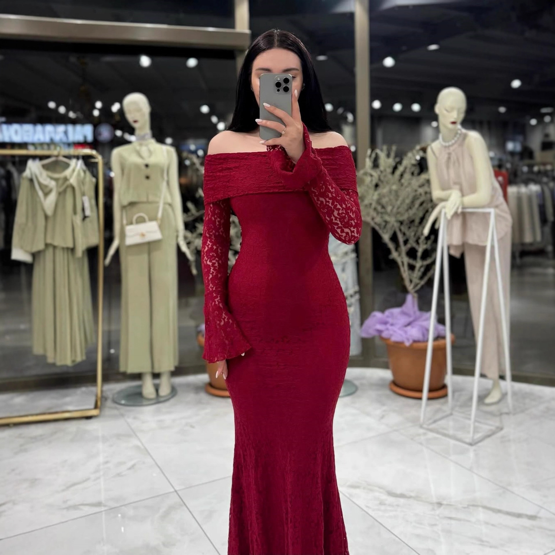 2025 Cross-Border Export Women's Long Skirt Amazon Best-Selling One-Shoulder Sexy Lace Long-Sleeved Dress