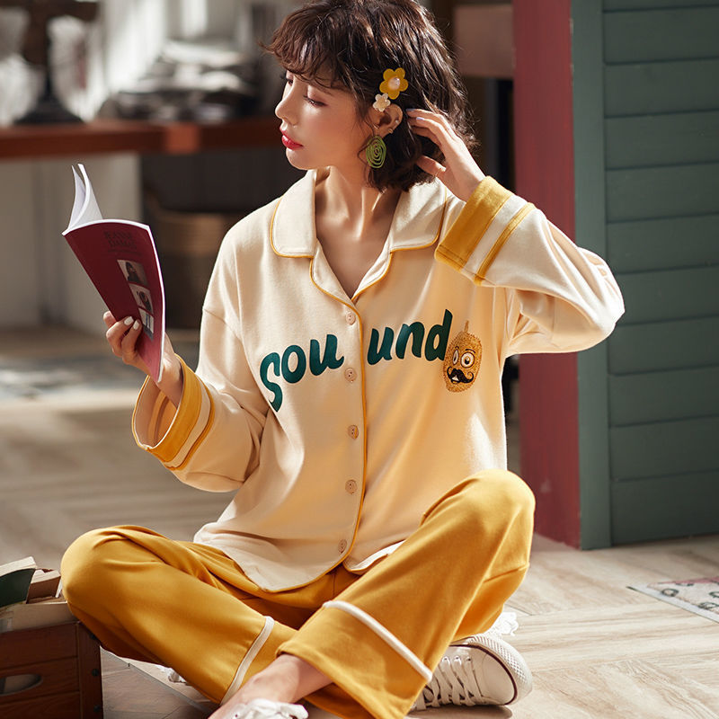 100% pijamas de algodón de manga larga de las mujeres de primavera y otoño de verano delgada ropa de abrigo suelta ropa de hogar traje de confinamiento ropa