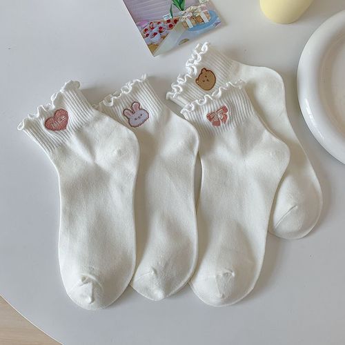 Wholesale Cute Pure White Rolled Edge Embroidered Academy Style School Girl Socks for Spring and Summer, Fine Combed Cotton Plain Color Short Socks