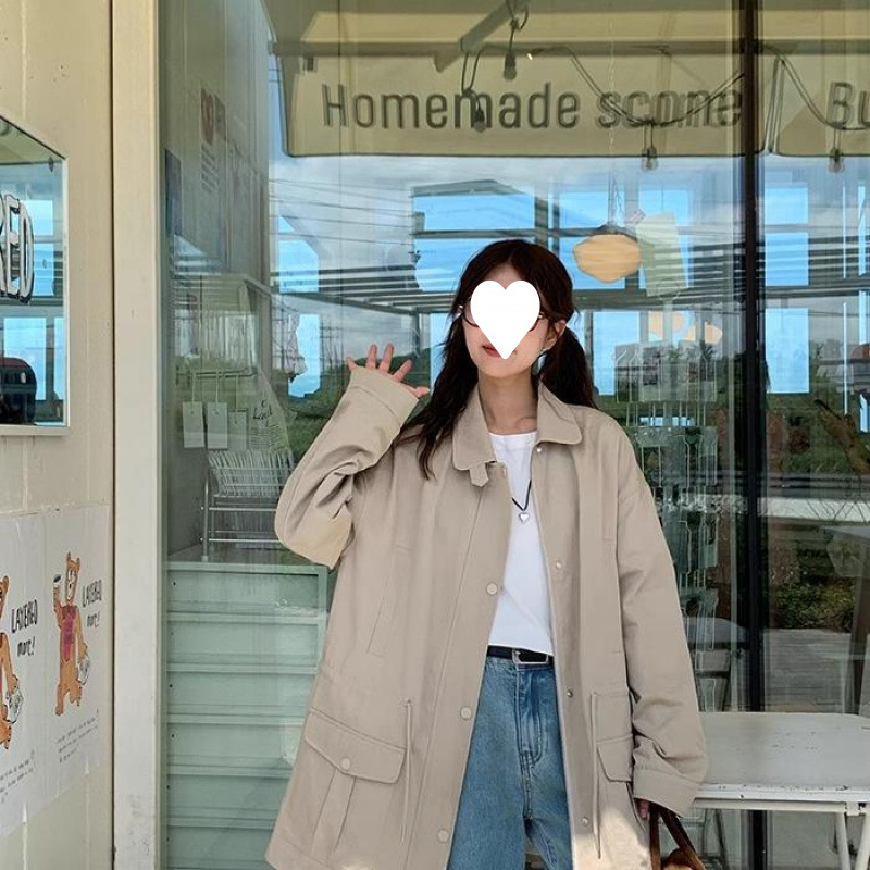 카키색 작업복 루즈 롱 윈드브레이커 여성 봄 가을 신상품 캐주얼 슬림 컬리지 스타일 인기 코트