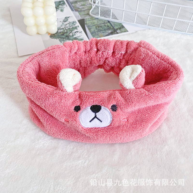 Oso de dibujos animados japonés bordado banda de pelo de terciopelo de coral pañuelo para la cabeza femenina lavado de cara SPA yoga felpa accesorios para el cabello de ala ancha