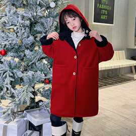 韩国女童外套秋冬款2025新款大童儿童双面呢子大衣中长款加厚外套