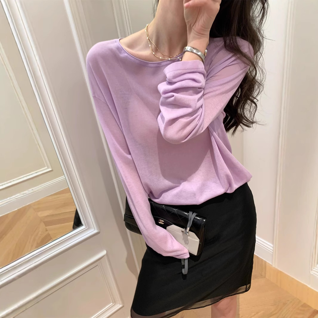 Korean-style Contrast Tencel Knitted Shirt Women's Long-sleeved T-shirt Loose Thin Micro-transparent Paper Shirt