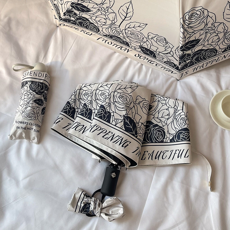 クロスボーダー日韓全自動小清新日傘傘女性日除け傘晴雨両用黒ゴム日焼け止め五折傘