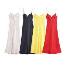 外贸批发2025新款欧美女装时尚度假风丝绸质感长连衣裙 2968052