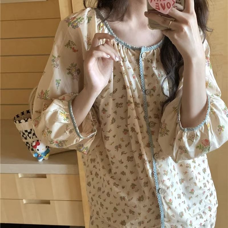 여성용 한국식 잠옷 여름 꽃 무늬 심플 홈웨어 긴팔 정장 여성의 달콤한 스타일은 봄과 가을 투피스 세트 외부에 착용 가능