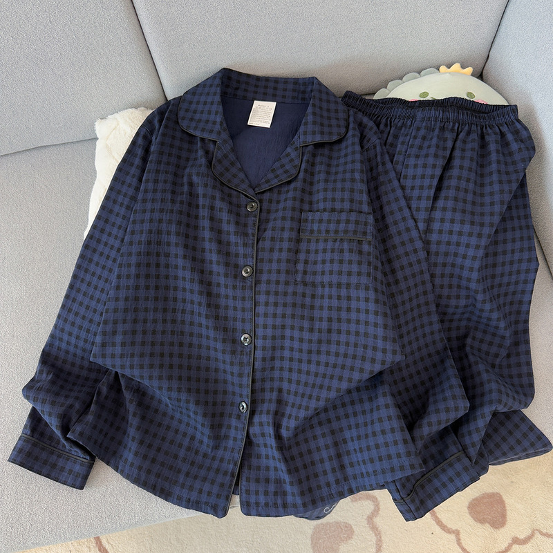 Factory direct blue plaid elegant cloud cotton long-sleeve long-pants turn-down collar cardigan spring and autumn home wear set pajamas Factory direct blue plaid elegant cloud cotton long-sleeve long-pants turn-down collar cardigan spring and autumn home wear set pajamas