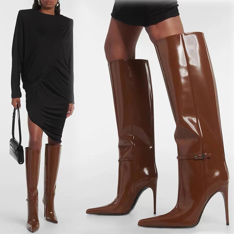 Internet Celebrity Sexy Elegant Show Pointed Belt Buckle But Knee-High Heel Women's Boots Slim Look plus size Patent Leather Straight Boots