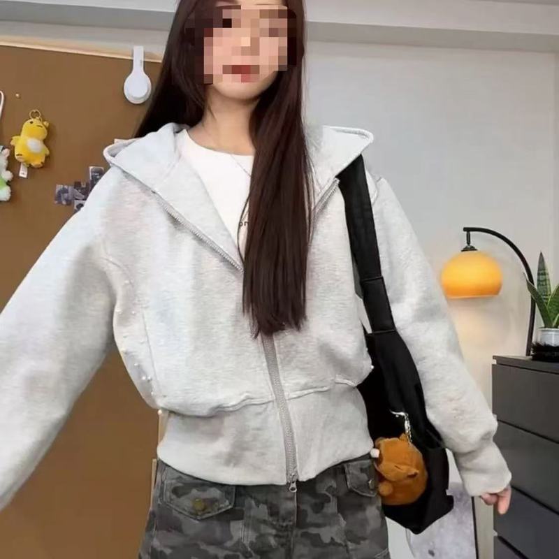 美式珍珠立体装饰短款连帽卫衣女潮2025秋季收腰显瘦休闲百搭外套|undefined