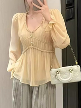 大码法式温柔V领收腰雪纺衬衫女早秋新款胖mm巨好看显瘦小衫上衣