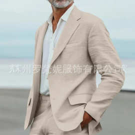 新款速卖通亚马逊男士西装休闲男士套装亚麻修身款商务宴会两件套