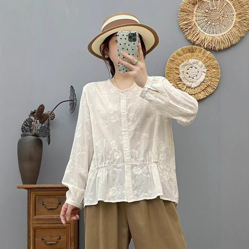 Autumn 25 Shirt Long-Sleeved Jacquard Lace V Neck Shirt French Sweet Shirt Cotton Shirt Fashion