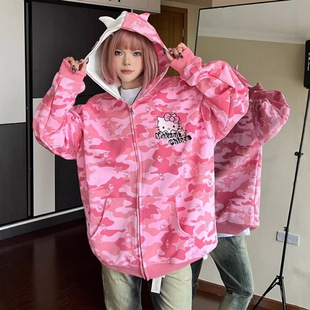 American-style Hello Kitty Camouflage Printed Sweatshirt y2k Street Hip-hop Student Couple Top Loose All-match Jacket Trendy