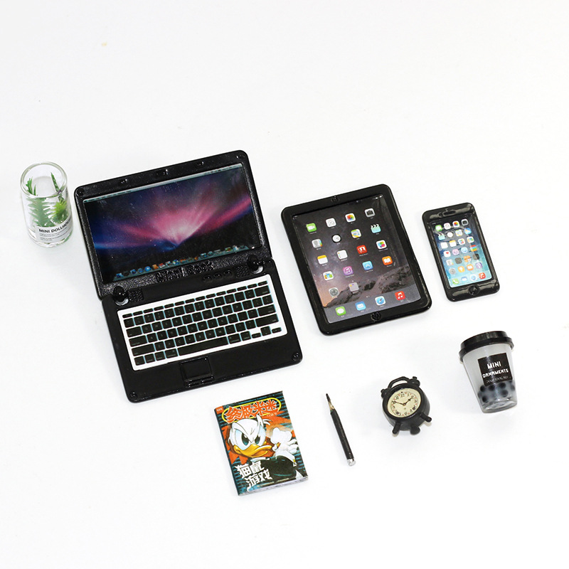 Accesorios de casa de muñecas miniatura portátil plegable simulación mini computadora tableta teléfono modelo de tres piezas N122