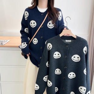 Women's Plus Size Fashion Cartoon Jacquard Long Sleeve Knitted Cardigan Flesh Covering Slimming Crewneck Sweater Coat 421079