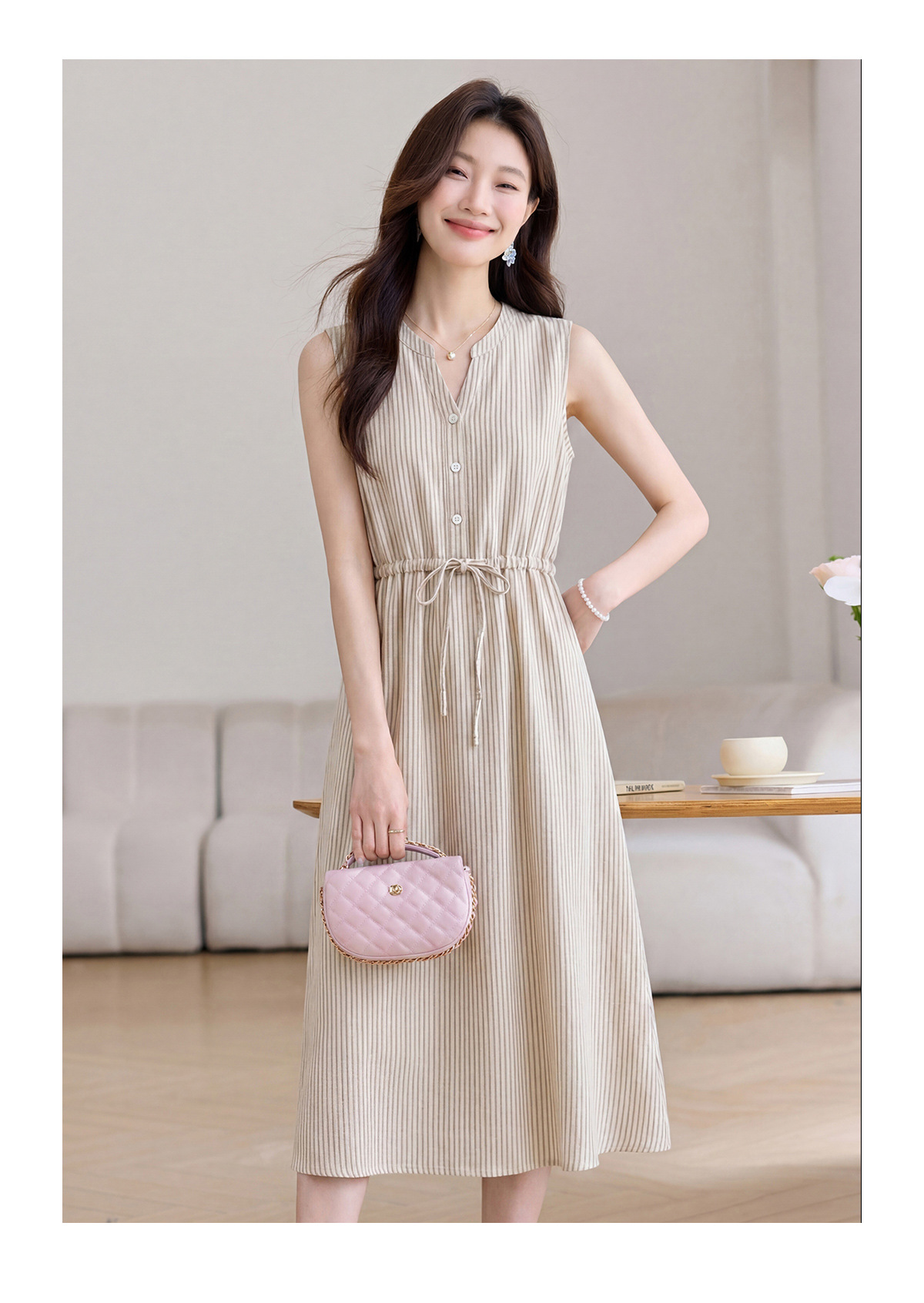 Đầm maxi nữ thắt eo cổ V rút dây, dáng chữ A trung niên mùa hè — Sọc Tây Tạng, Lưới đỏ, Sọc kaki chi tiết 17