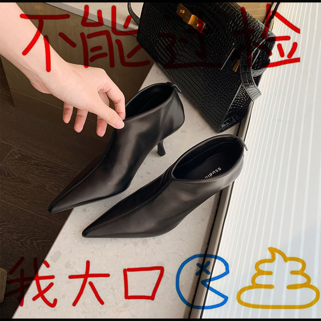 羊皮版~法式真皮2025新款秋冬尖头小猫跟气质高跟及踝短靴单鞋女