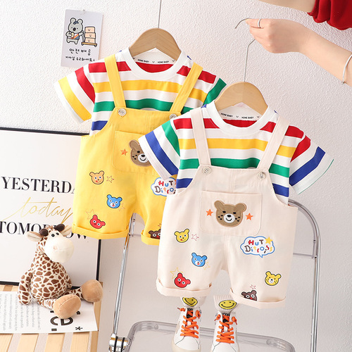  Summer New Boys' and Girls' Casual Hipster Overalls Two-Piece Set for Toddlers Striped Crew Neck Short Sleeve Outfit Dropshipping