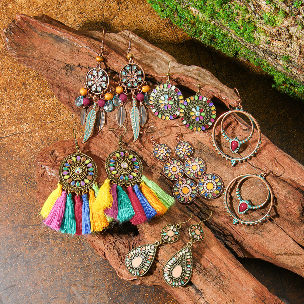 14g Weight Alloy Ear Needle Material Drop Earrings Classification 1 Pair Quantity Holiday, Street Occasion Zinc alloy Material Geometric Pattern All Seasons Season Women's Gender Polished Finish Ethnic Style, Bohemian Style 1 Pair Ethnic Style Bohemian Geometric Zinc Alloy Drop Earrings 11