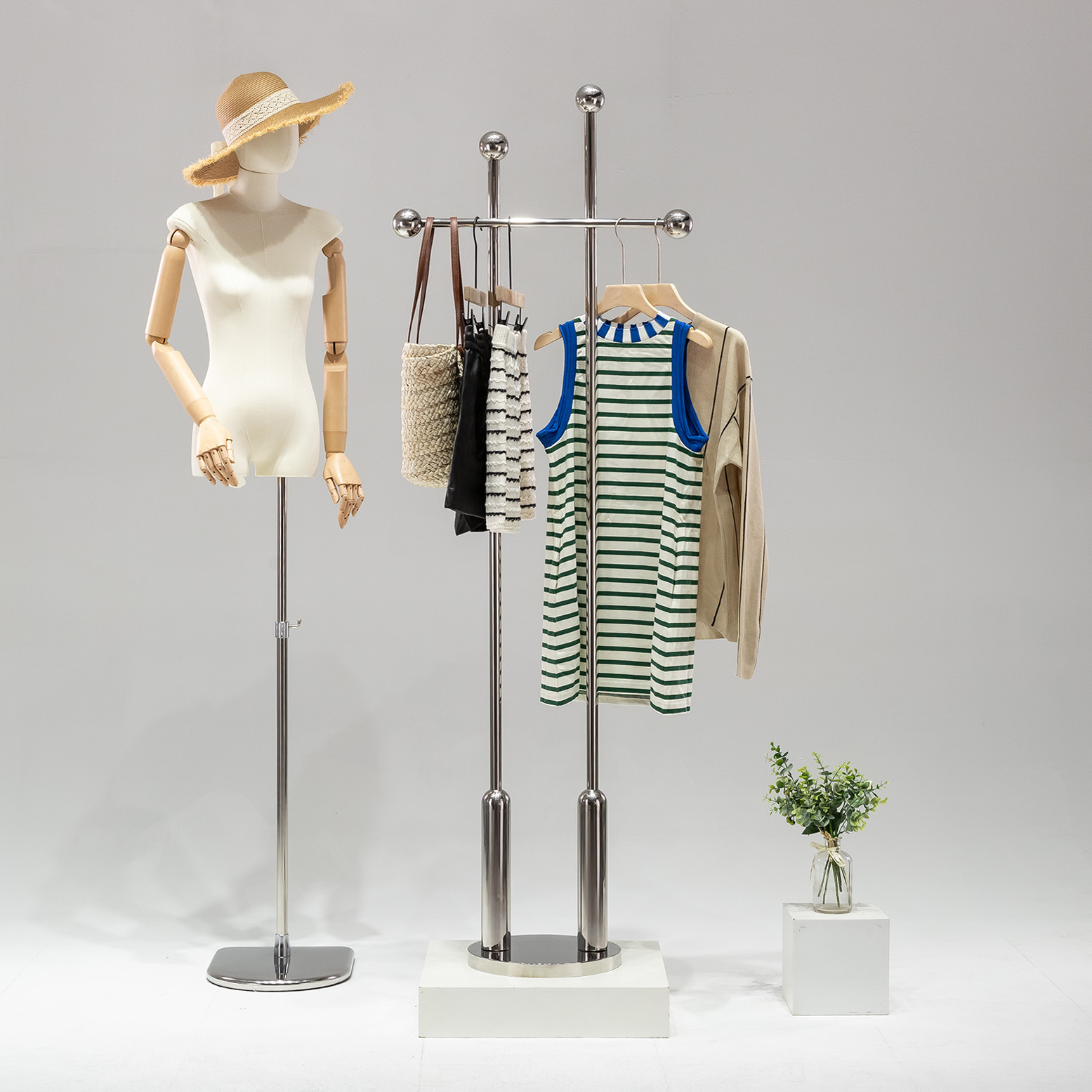 Tienda de ropa de acero inoxidable tipo suelo colgante de ropa sala de transmisión directa colgante lateral de exhibición de ropa de mujer lujosa luz ins viento estante de exhibición