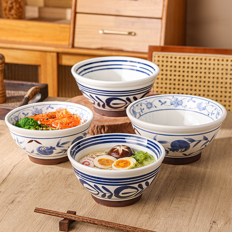 Retro Underglaze Painted Ceramic Noodle Bowl, High-Looking Ramen Bowl, Hand-Painted Blue and White Pomegranate Seaweed Noodle Soup Bowl