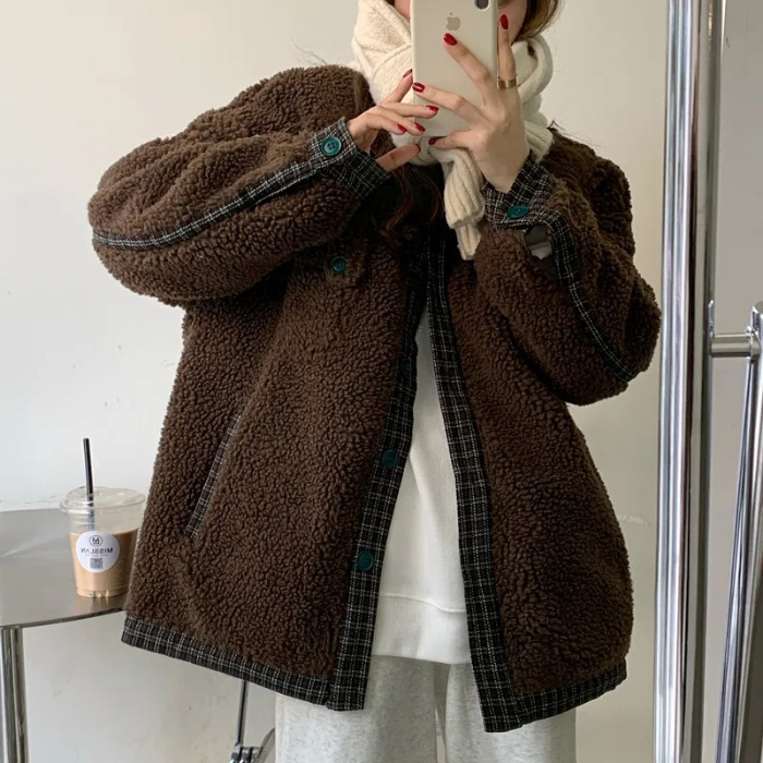 复古格子拼接仿羊羔毛外套女秋冬季新款韩版宽松双层加厚棉服上衣|undefined